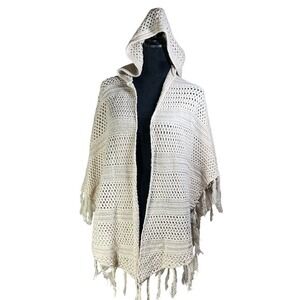 Cream Knit Hooded Fringe Poncho Wrap coastal grandma‎ western earthy hippie